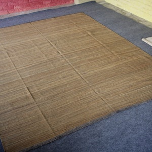 Brown area rug, flat weave rug, kilim rug, dhurrie rug, custom size rug, bespoke rug, country rug, farmhouse rug, traditional rug, wool rug.