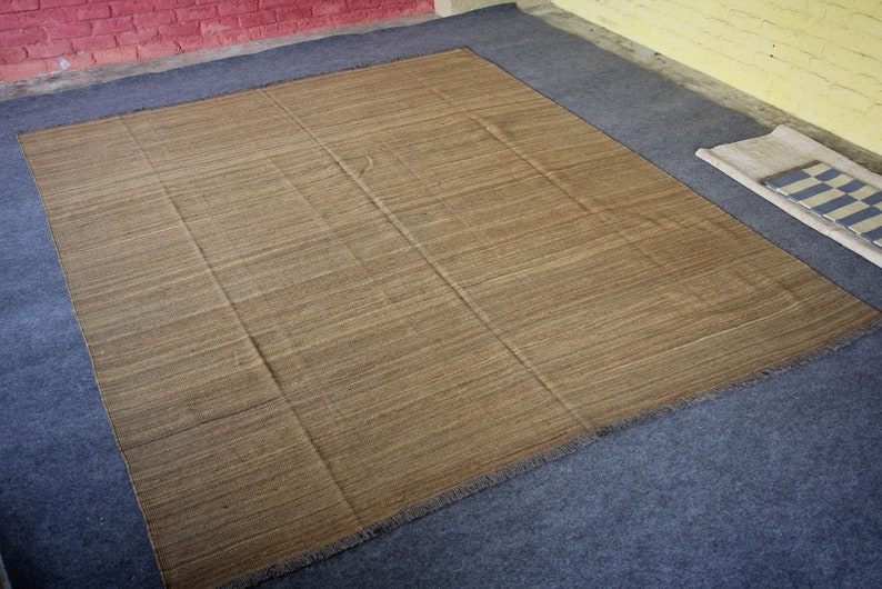 Brown area rug, flat weave rug, kilim rug, dhurrie rug, custom size rug, bespoke rug, country rug, farmhouse rug, traditional rug, wool rug. image 1