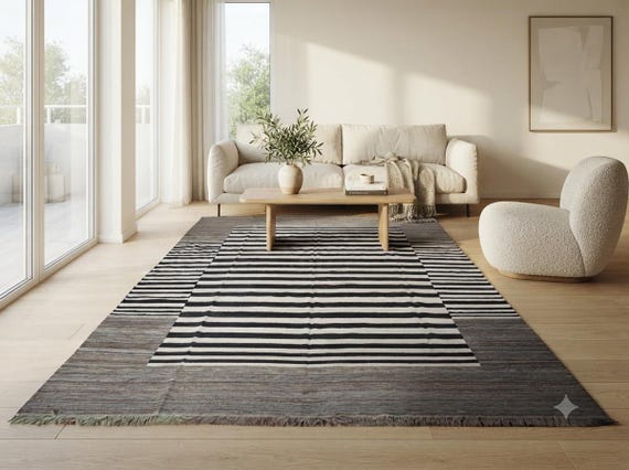 Striped kilim rug, kilim area rug, living room rug, 8x11 area rug, Made to order rug.