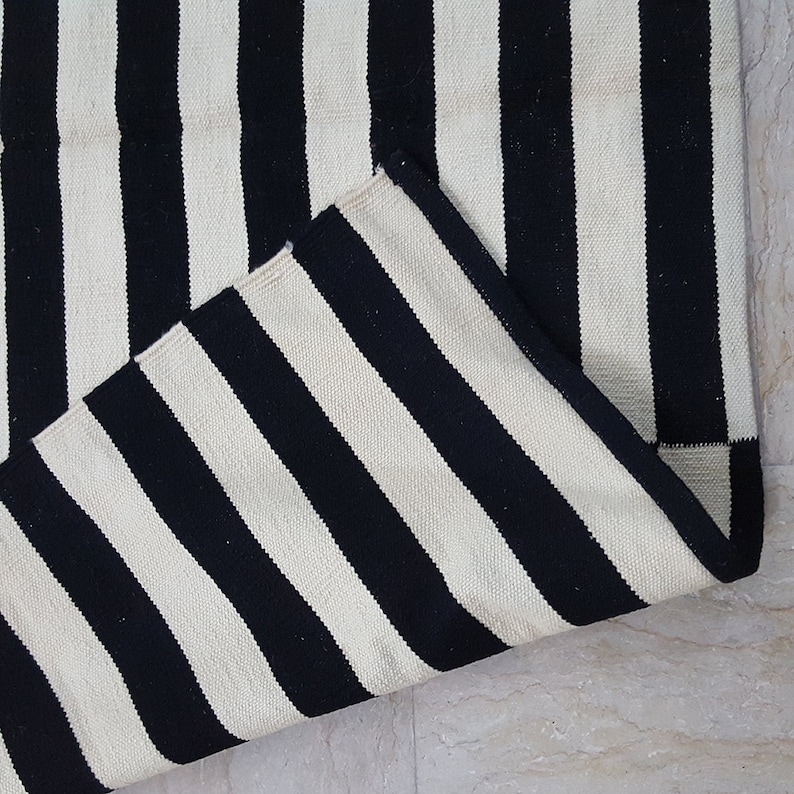 Black and White/ivory Striped Rug Handmade Striped Kilim Rug Etsy