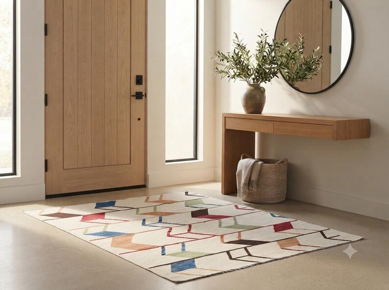 May include: A rectangular area rug featuring a cream-colored background with a repeating geometric pattern of interconnected lines and shapes in shades of red, blue, brown, and light green, arranged in a structured, linear, and rhythmic design.