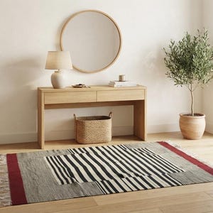 Striped kilim rug, stripe rug, wool rug, dhurrie rug, red black and white rug, living room rug, 9x12 rug, 10x14 rug, 8x10 rug, 4x6 rug, 6x9 image 14