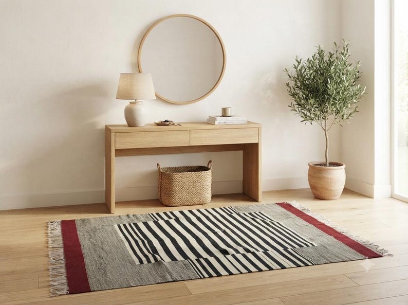 Striped kilim rug, stripe rug, wool rug, dhurrie rug, red black and white rug, living room rug, 9x12 rug, 10x14 rug, 8x10 rug, 4x6 rug, 6x9 image 14
