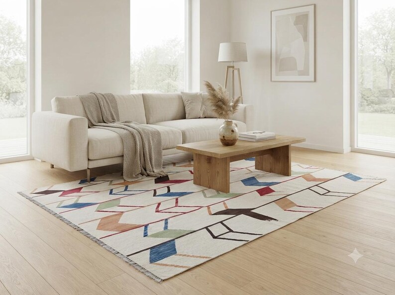 May include: A rectangular area rug featuring a cream-colored base with a repeating geometric pattern of chevron-like arrows in shades of blue, red, green, brown, and black. The rug has a low-pile texture and short fringe along the shorter edges.