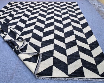 Modern Black White Kilim Rug, Handmade Wool Flatweave Rug, Custom Area Carpet, Boho Decor
