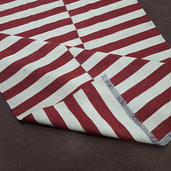 Red and White Rug, Striped Rug, Dhurrie Rug, Kilim Rug, Large Area