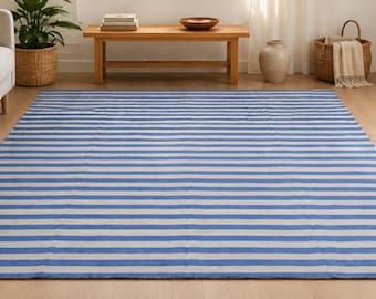 Blue White Handmade Checkerboard Flatweave Wool Rug Custom Size Kilim Dhurrie Striped Block Pattern
