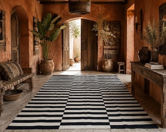 Black White Striped Kilim Rug Custom Handmade Wool Bohemian Geometric Area Rug Modern Floor Rug