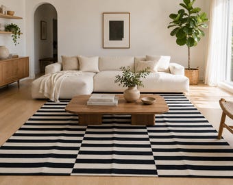 Black and Off-White Striped Area Rug, Custom Handwoven Wool Kilim Rug,  Boho Decor
