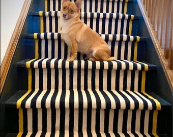 Black and white Custom Striped Runner Rug, Handwoven wool kilim with customize Border