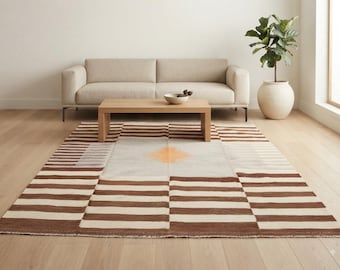 Modern Minimalist Kilim, 8.6x9.9 Ft Geometric Flatweave Rug, Neutral Brown Cream Wool Rug,