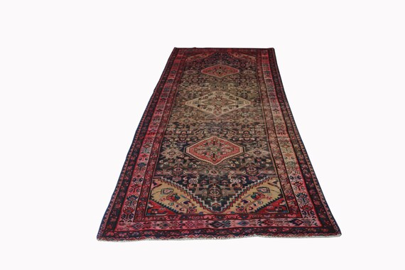 Faded vintage runner rug, distressed rug runner for hallway. Size: 3.7' X 11.3' - 113 cm X 345 cm