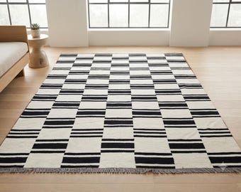 Handmade Black Ivory Kilim Rug, Modern Wool Area Rug, Scandinavian  Flatweave Geometric Rug,