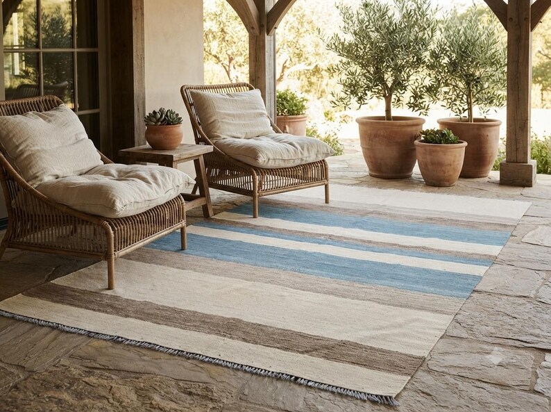 Op de afbeelding: Een rechthoekig vloerkleed met horizontale strepen in tinten lichtblauw, beige en donkerbruin. Het kleed heeft een geweven textuur met korte franjes langs de randen, geplaatst op een stenen terras onder twee rotan stoelen met kussens.