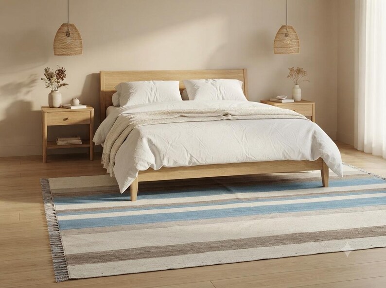 Op de afbeelding: Een rechthoekig vloerkleed met horizontale strepen in de kleuren lichtblauw, beige, grijs en wit. Het kleed heeft een geweven textuur met korte franjes langs de randen en ligt op een lichte houten vloer in een slaapkamer.