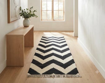 Wool Handmade Kilim Rug, Black and White Chevron Zigzag Runner, Custom Flatweave Runner