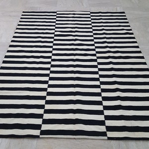 Black and white/ivory striped rug, handmade striped kilim rug, white and black rug, woolen kilim rug, Black and white striped kilim rug.