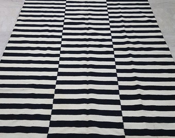 Black and white/ivory striped rug, handmade striped kilim rug, white and black rug, woolen kilim rug, Black and white striped kilim rug.