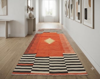 Orange Area Rug, Geometric Flatweave Kilim for Living Room, Boho decor, Handmade Custom rug