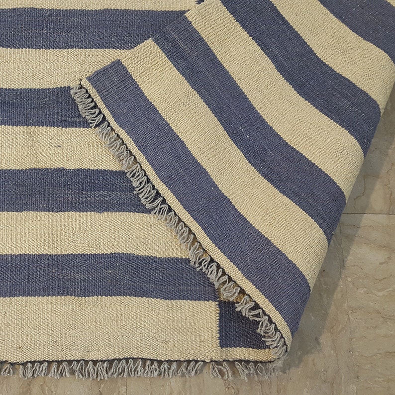 Blue and White/ivory Striped Kilim Rug Handmade Striped Rug Etsy UK