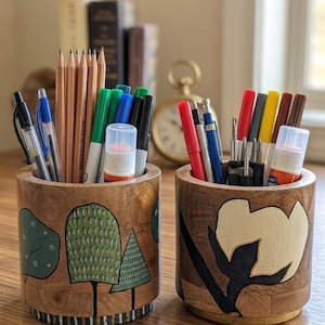 Hand-Painted Mango Wood Cache Pot – Botanical Folk Art Planter, Spatula Holder (4.5")