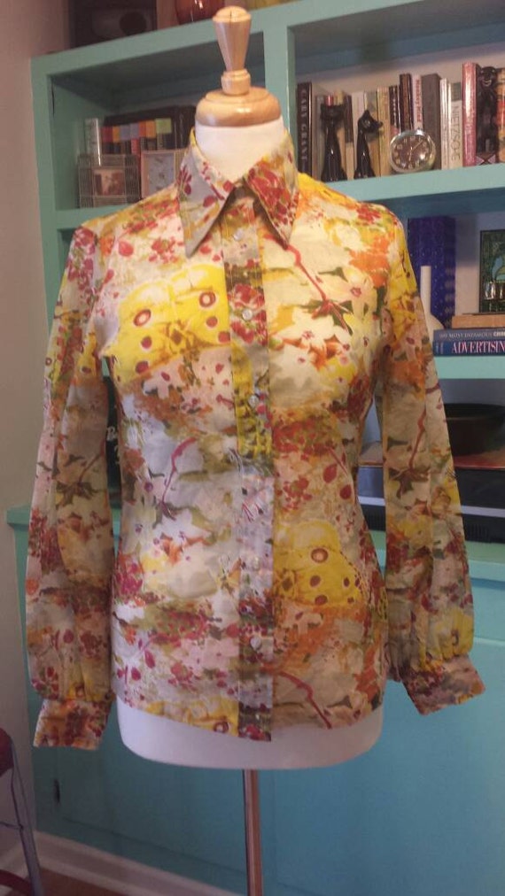 Sheer Button Down with Flowers and Butterflies 70s