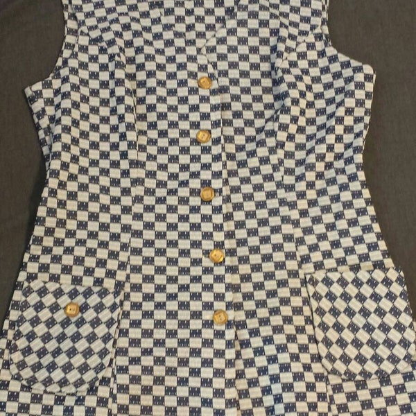 70s Navy Checkered Vest Gold Buttons Sz 18