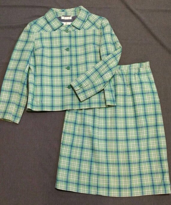 Lord & Taylor 60s Plaid Wool Skirt Suit M - image 3