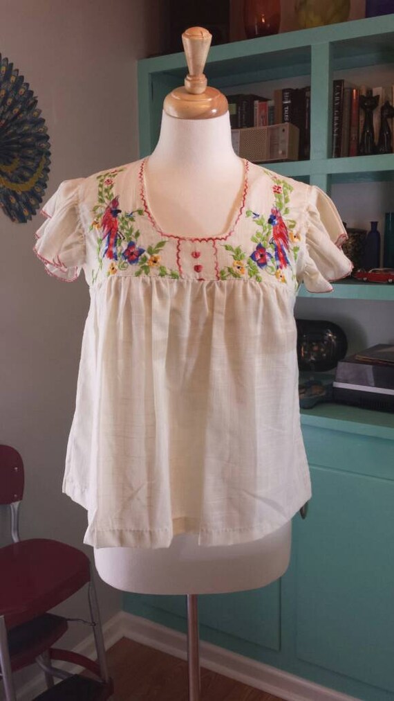 Mexican Embroidered Boho Top Small Parrots Tie Bac