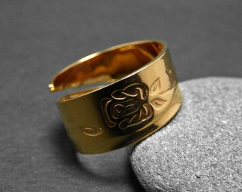 Handgemachter vergoldeter 18k Ring, rose, floral, Jugendstil, Vintage, Löffel Stil Ring