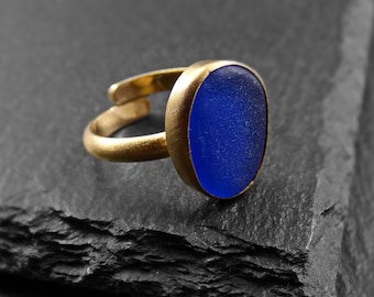 Handmade goldplated 18k ring, with blue or red natural sea Glass, summer ring