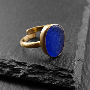 Handmade goldplated 18k ring, with blue or red natural sea Glass, summer ring