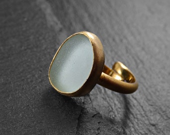 Handmade goldplated 18k ring, with aqua or dark-red natural sea Glass, summer ring