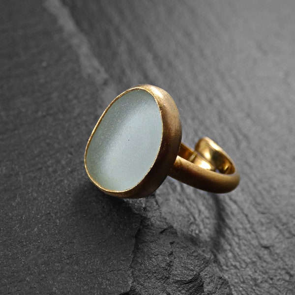 Handmade goldplated 18k ring, with aqua or dark-red natural sea Glass, summer ring