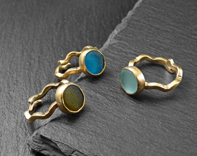 Handmade goldplated 18k ring, with Aqua, Petrol or Olive natural sea Glass, summer ring