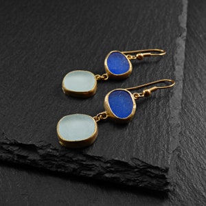 Paros - Handmade Goldplated 18k Dangle & Drop Earring, with blue or Light Blue - Yellow Natural Sea Glass.
