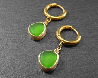 Handmade 18k Goldplated Sea Glass Dangle Earrings - Green, Aqua, Blue