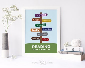Reading Takes You Places Printable YOUNG ADULT VERSION, Fictional Places Signpost Print, Book Directions Printable, Teen Book Art