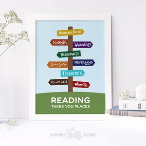 May include: A white framed print with a blue background and a brown tree with colorful signs pointing to different fictional places. The signs read: Sherwood Forest, Narnia, Wonderland, The Emerald City, Green Gables, Never-Land, Terabithia, 100 Acre Wood, Whoville. The text below the tree reads: "Reading Takes You Places".