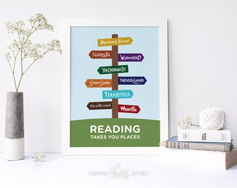 Reading Takes You Places Printable YOUNG READER VERSION, Fictional Places Signpost Print, Book Directions Print, Nursery Book Art