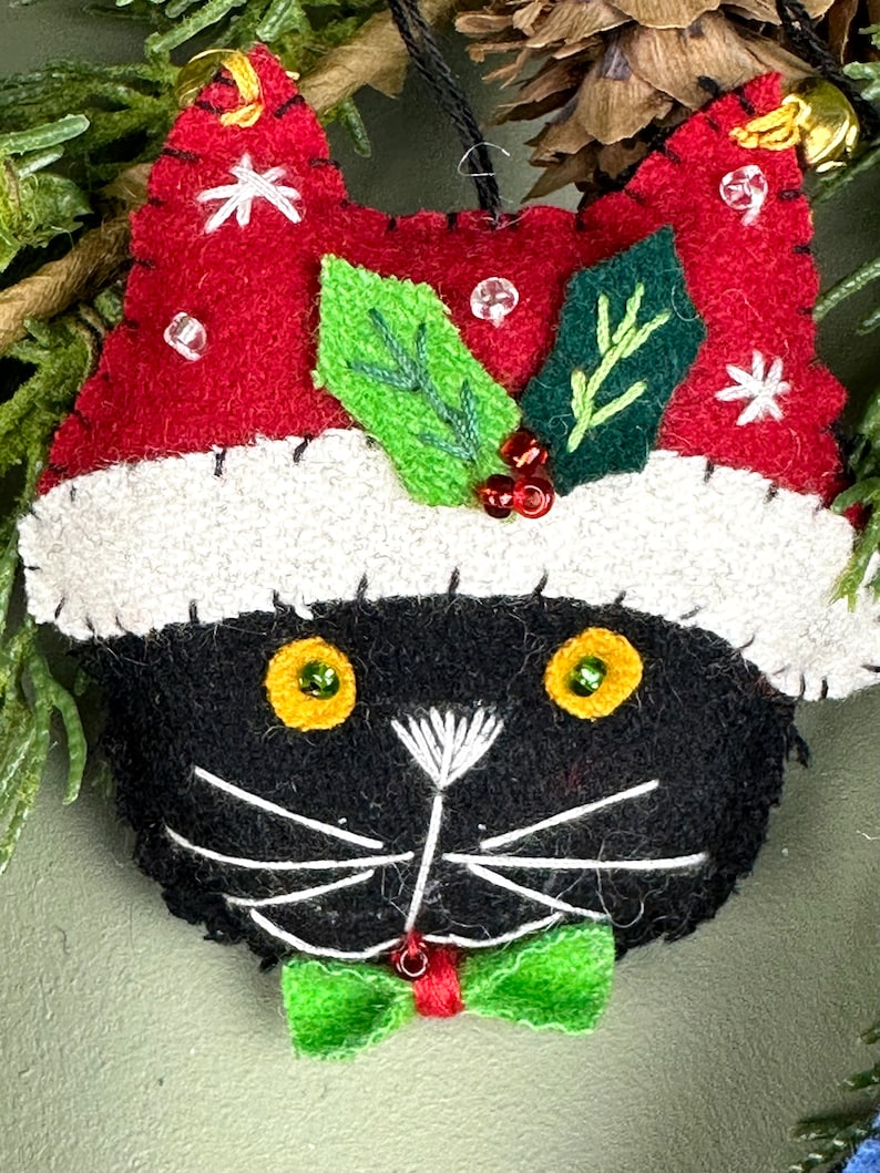 Set/3 Cat Felt Ornament With Bellshandmadechristmastree Decorations