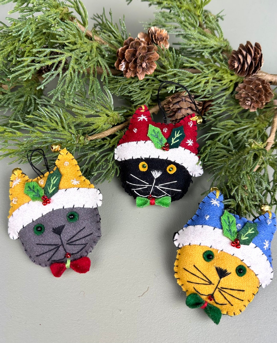 Set/3 Cat Felt Ornament With Bellshandmadechristmastree Decorations