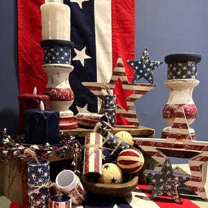 Patriotic Primitive Americana Decor July 4th Table Runner, Red White Blue Candles, Wreaths Candlesticks, Stars, Cloth Balls, Firecrackers