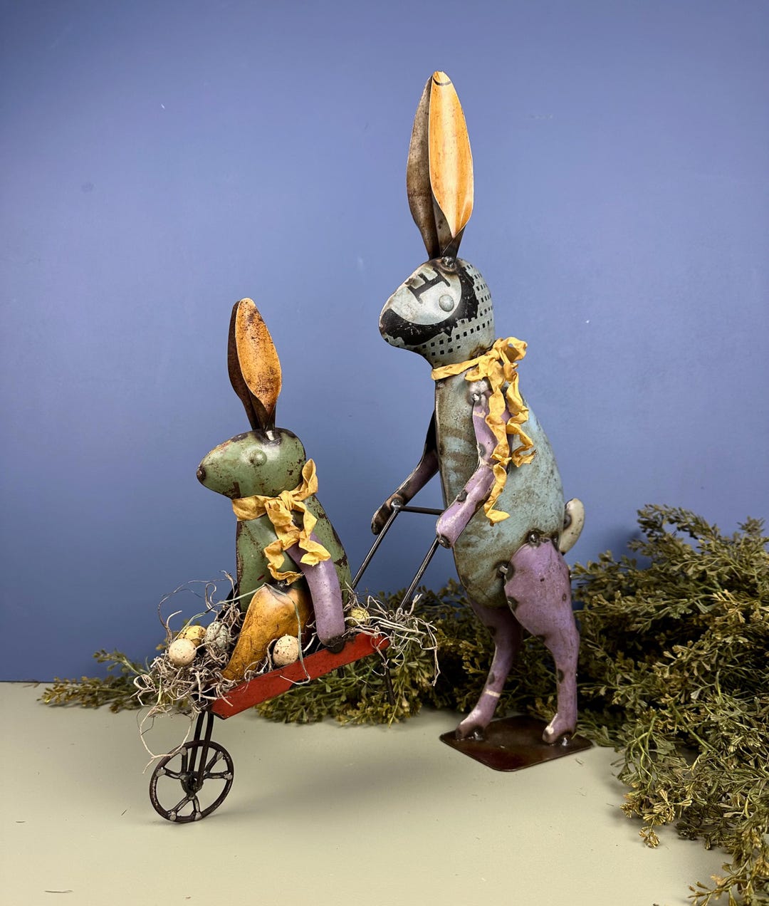 Primitive Recycled Metal Rabbits, Easter Bunny Tabletop Decor, Shelf ...
