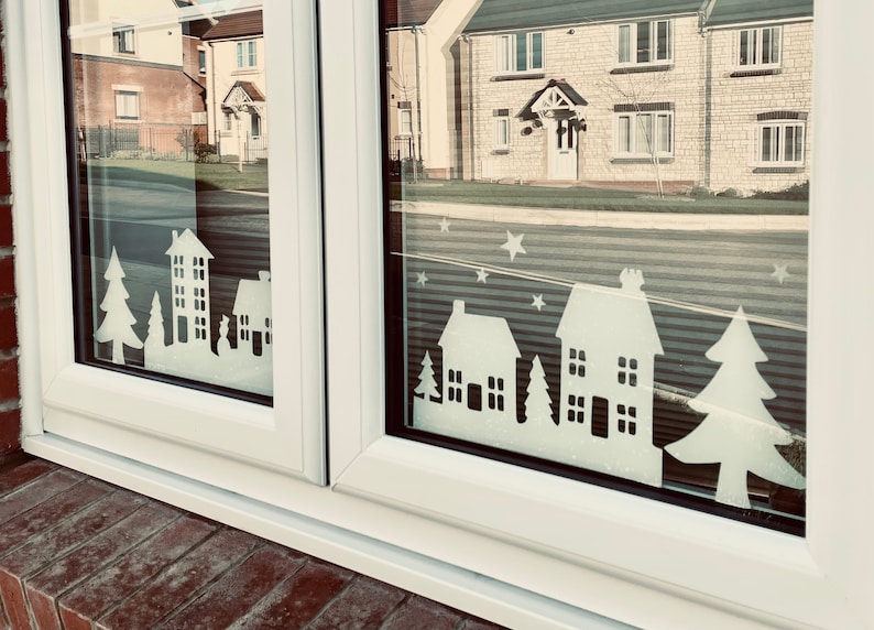 Christmas House & Tree Silhouette Window Cling Stickers Reusable Static