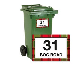 Tartan Wheelie Bin Stickers: Custom House Number, Street Name - Set of 4