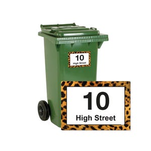 Set of 4 Custom Leopard Wheelie Bin Stickers – Personalised House Number & Street Name Vinyl Labels for Bins and Recycling Containers