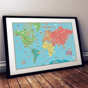 A3, A2, A1 Kinder Weltkarte Gedruckt, Wandkunst, Animierte Karte, Kinder Wandkunst, Kinderzimmer Kunst, Poster