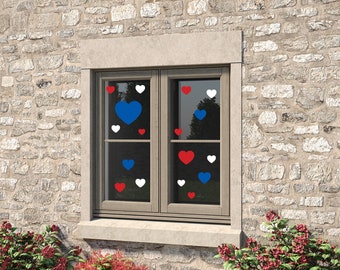 Set of 11 Red Hearts, 11 Blue Hearts and 11 White Hearts self-Adhesive Vinyl Stickers for Walls, Displays and Windows, Coronation decor