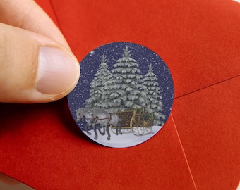 Set mit 24, 72 oder 240 Vintage Pferdeschlitten Weihnachtsaufkleber: Retro Holiday Labels